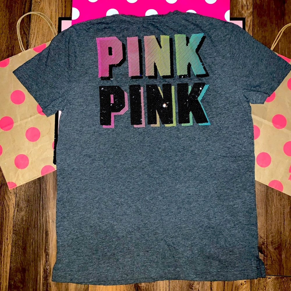 VS PINK size SMALL HTF Rainbow and Bling Pocket Campus Tee.